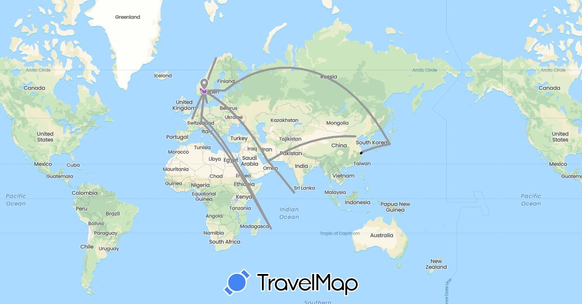 TravelMap itinerary: driving, bus, plane, train, boat in United Arab Emirates, Switzerland, China, Germany, Denmark, Finland, France, Japan, Mauritius, Maldives, Norway (Africa, Asia, Europe)